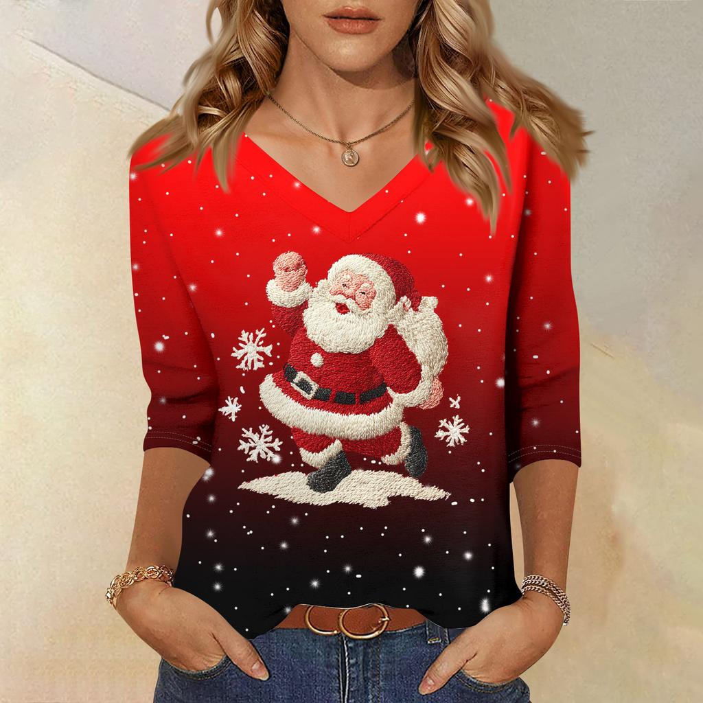3/4 Sleeve Shirts For Women Print Christmas Tees Blouses Casual Plus Size Basic Tops Pullover