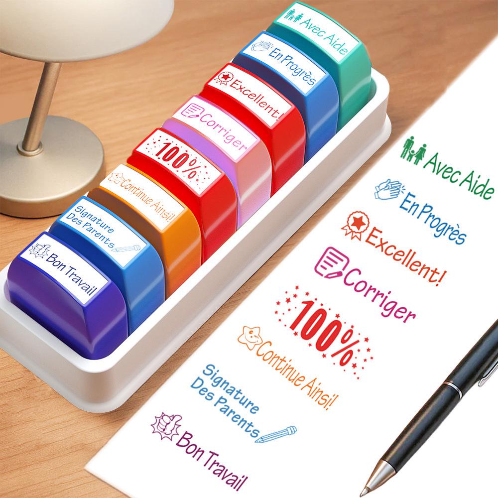 Colorful German & French Teacher Stamps Set - 8 Motivational and Encouraging Designs for Classroom & Homework