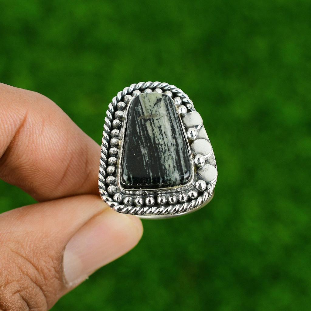 Sterling Silver Natural Silver Leaf Jasper Bezel Stackable Birthday Ring Jewelry