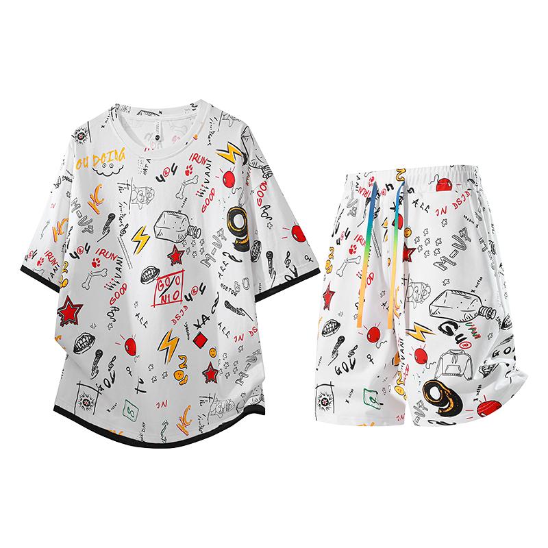 Printed Short-sleeved Shorts Suit Men s Loose Casual Sports Two-piece Set 2XL белый