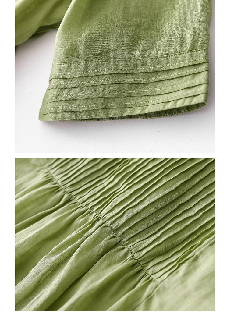 2024 Summer Women's Cotton-Linen V-Neck Pleated Retro Dress