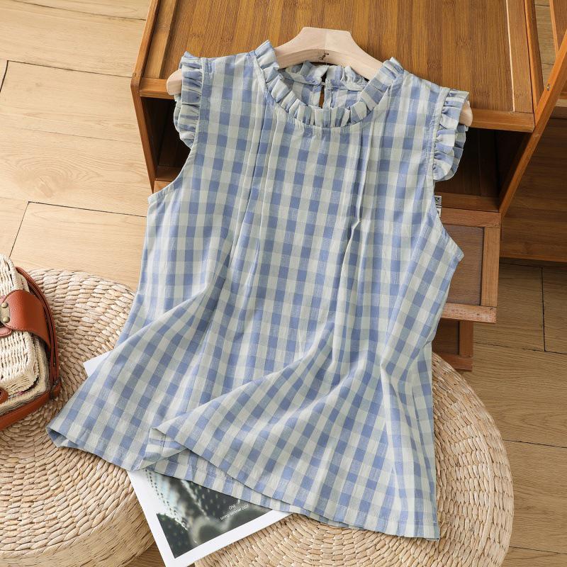 2026 Summer Plaid Ruffle Collar Flutter Sleeve Women s Slimming Sleeveless Top Extra Large