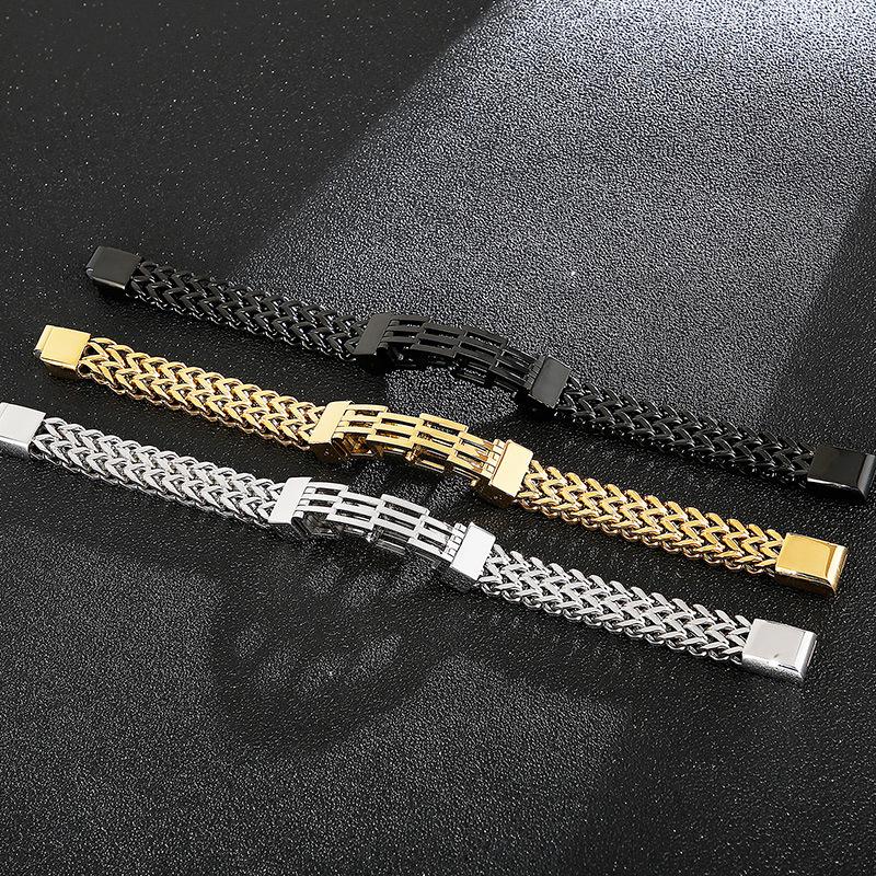 Men's Fashion Double-Layer Square Chain Titanium Steel Bracelet with Magnetic Clasp