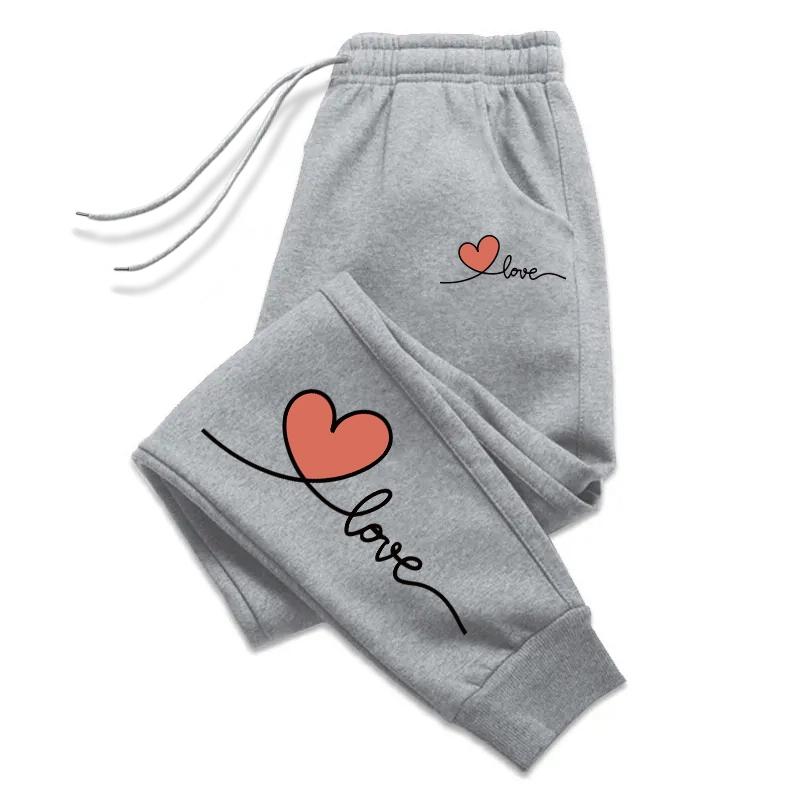 Women Casual Sports Fitness Jogging Long Pants Fleece Fashion Drawstring Love Printed Sweatpants Women Loose Pocket Sweatpants