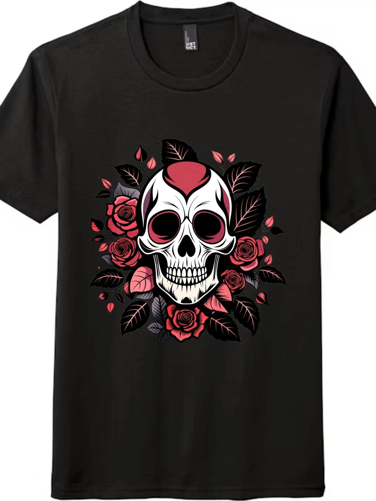 Unisex Vintage Skull & Roses Gift T-Shirt Gothic Skeleton Floral Graphic Tee XS