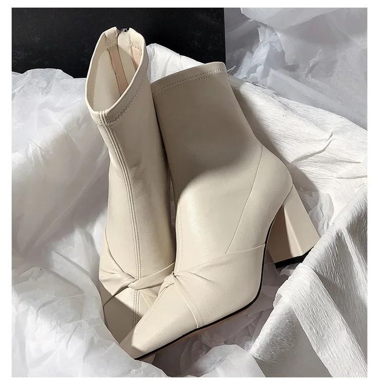 Women Boots 2024 Winter Super High Heels Dress Shoes Bow Pointed Toe Retro Ankle Boots Chunky Heels Elastic Short Botas De Mujer