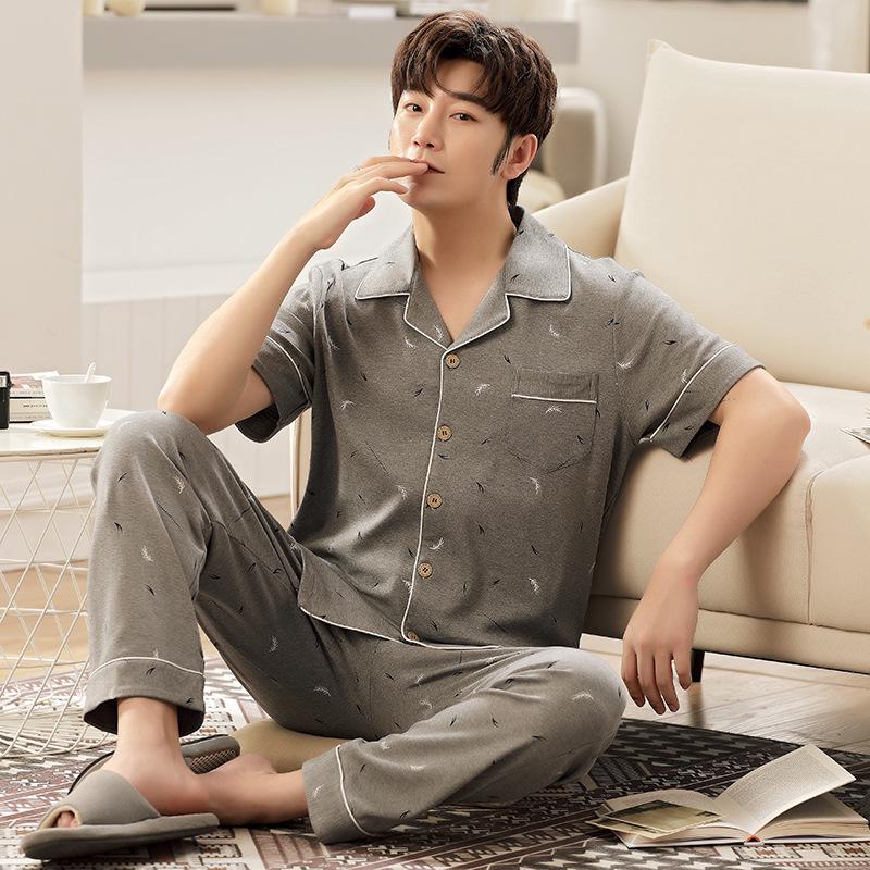 Men's Summer Cotton Pajama Set: Short Sleeve, Long Pants, Plus Size, Loose, Casual, Thin Cardigan Homewear.