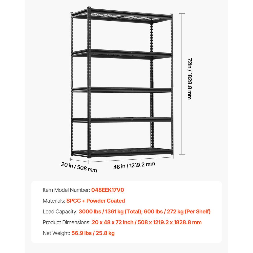 SucceBuy 5 Tier Metal Storage Shelves Height Adjustable Garage Shelving Racking Freestanding Shelf Unit for Industrial Warehouse