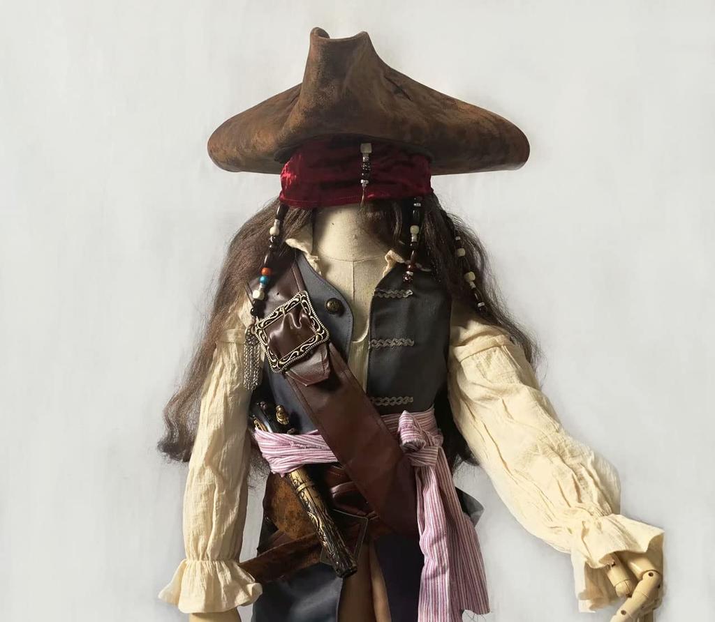 [fun costumes] Pirates of the Caribbean Jack Sparrow Complete Cosplay Costume Set (Hat, Wig, Beard) for Kids (Height 110-124cm)