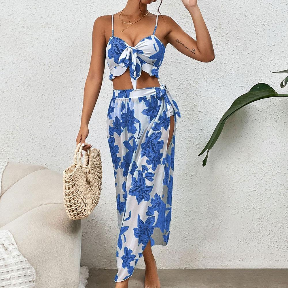 

Европейский и американский купальники сексуальный купальник-тройка с принтом бикини юбка солнцезащитный купальник M синий