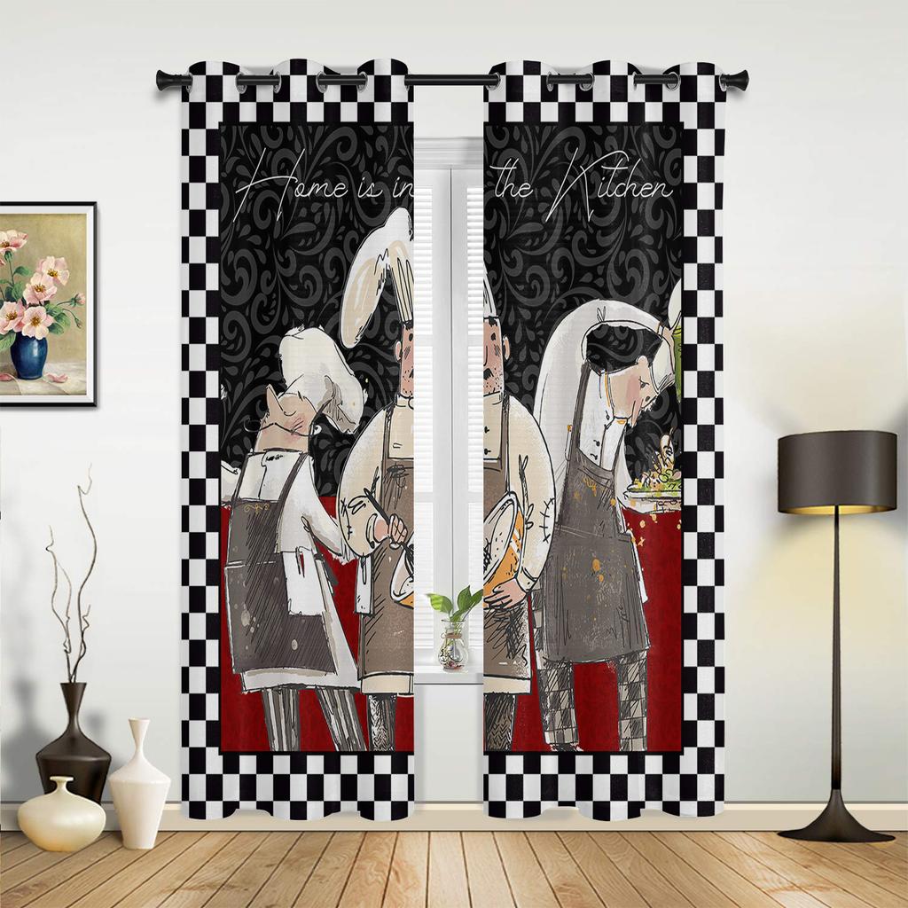 Küchenutensilien Karomuster Schwarz Weiß Vorhänge für Schlafzimmer Wohnzimmer Vorhänge Küche Kinderzimmer Fenstergardine Moderne Heimdekoration