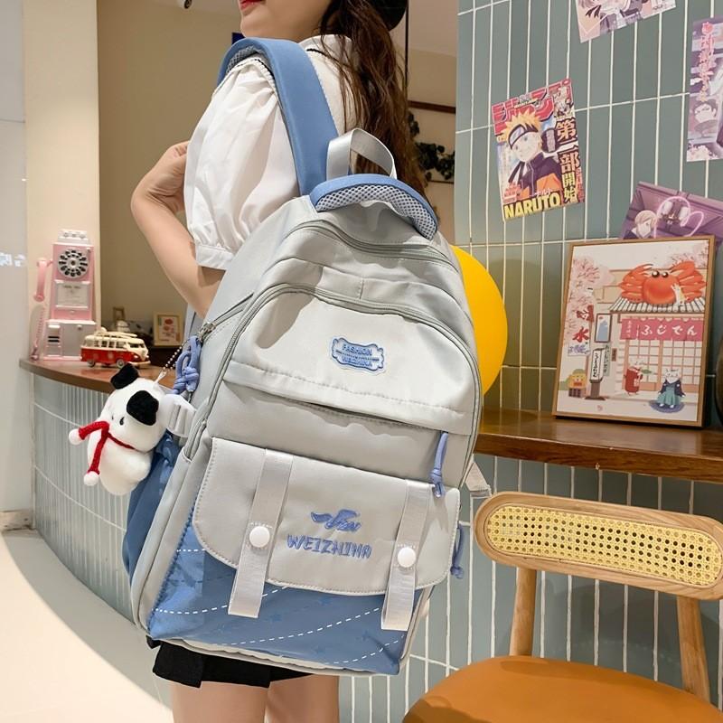 Color Blocked Letter Embroidery Student Backpack With Plush Pendant For Daily Use