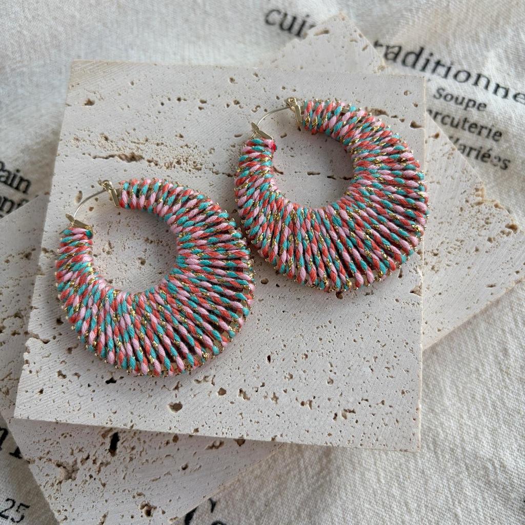High-End Retro Versatile Ear Cuffs: Colorful Woven Hoops with 925 Silver Studs