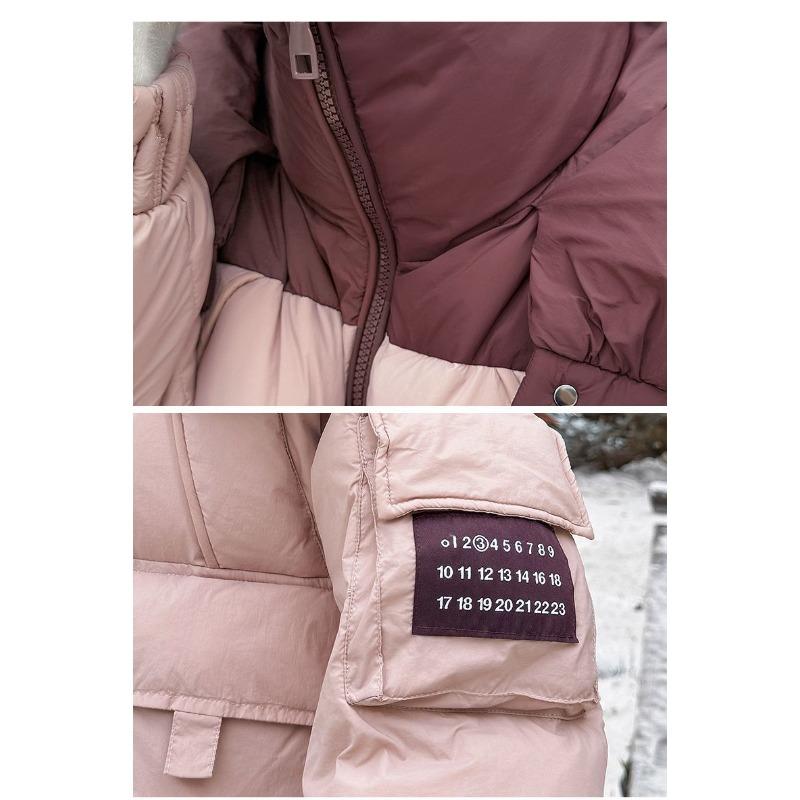 Damen Winter Colorblock Kapuzen Daunen Baumwolljacke Locker Kurz Gepolsterte Jacke Koreanisch Trendy