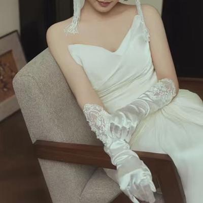 Vintage Handmade Wedding Gloves Lace Trimmed Long Sleeve Satin Gloves Multiple Styles White Satin French Gloves Wedding Party