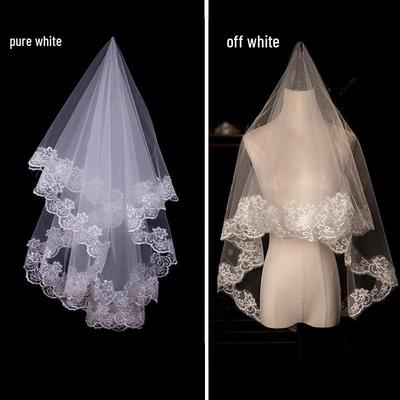 European & American Single-Layer Off-White Bridal Veil with Lace Edge