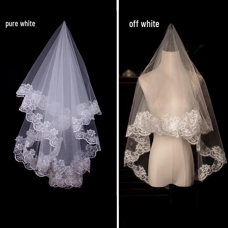 European & American Single-Layer Off-White Bridal Veil with Lace Edge