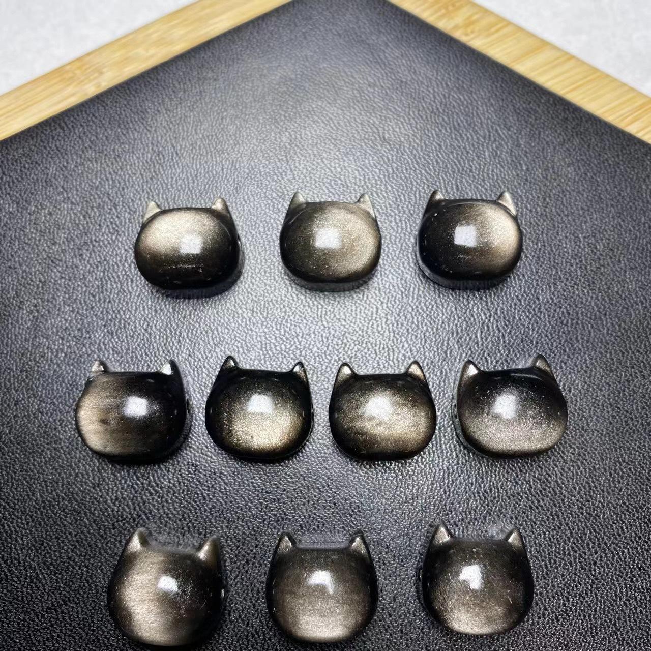 14-15.5mm Silver Obsidian Cat Head Charms, Authentic Natural Black Obsidian Loose Beads for Jewelry DIY & Gift Making 14 to 15.5cm