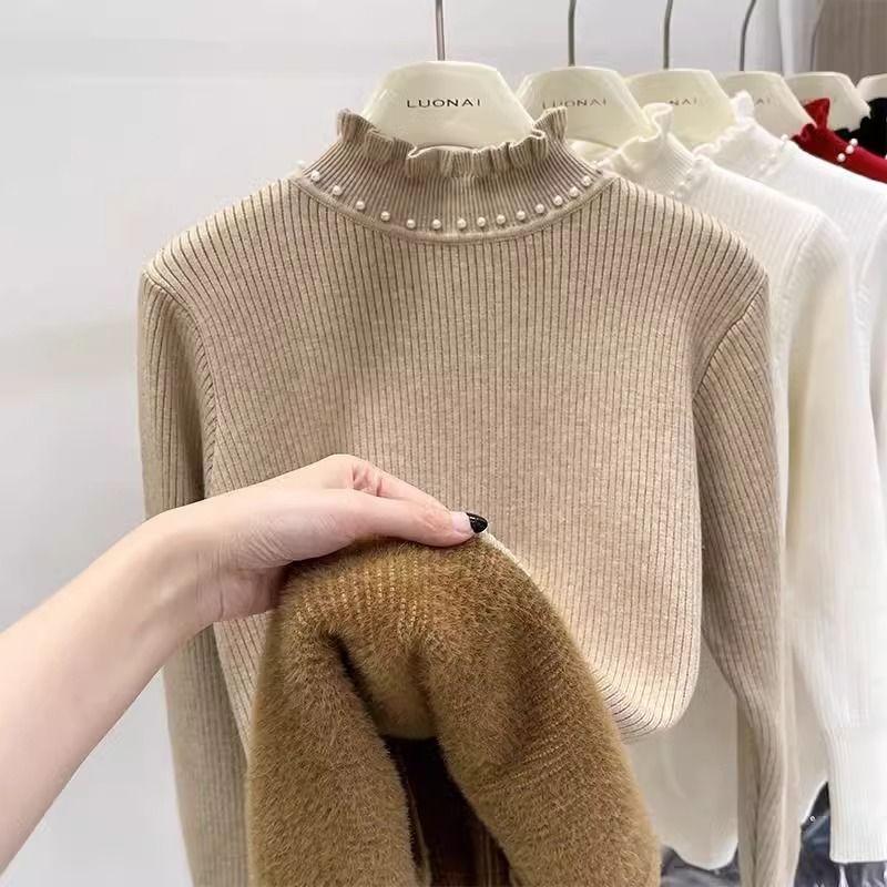 Thickened Velvet Sweater Women's Wooden Ear Nail Bead Knitted Sweater Solid Color Warm One Fleece Inner Hoodie