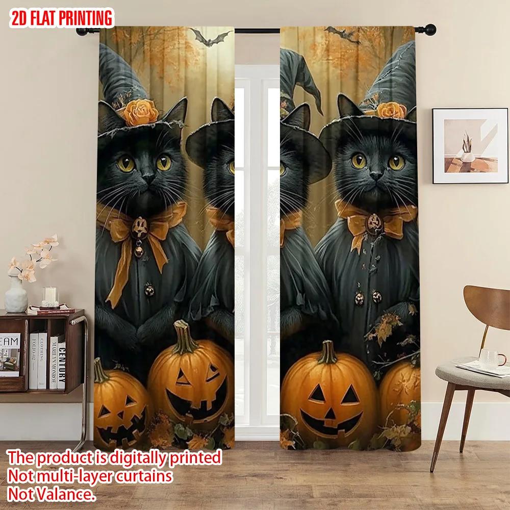 2pcs  2D plane printing Contemporary Curtains Witch Black Cat and pumpkin themed Durable 100% Polyester Fabric (without rod)