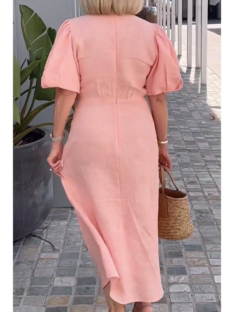 2026 Spring/Summer V-neck Lace-up Puff Sleeve Cotton Dress for Women