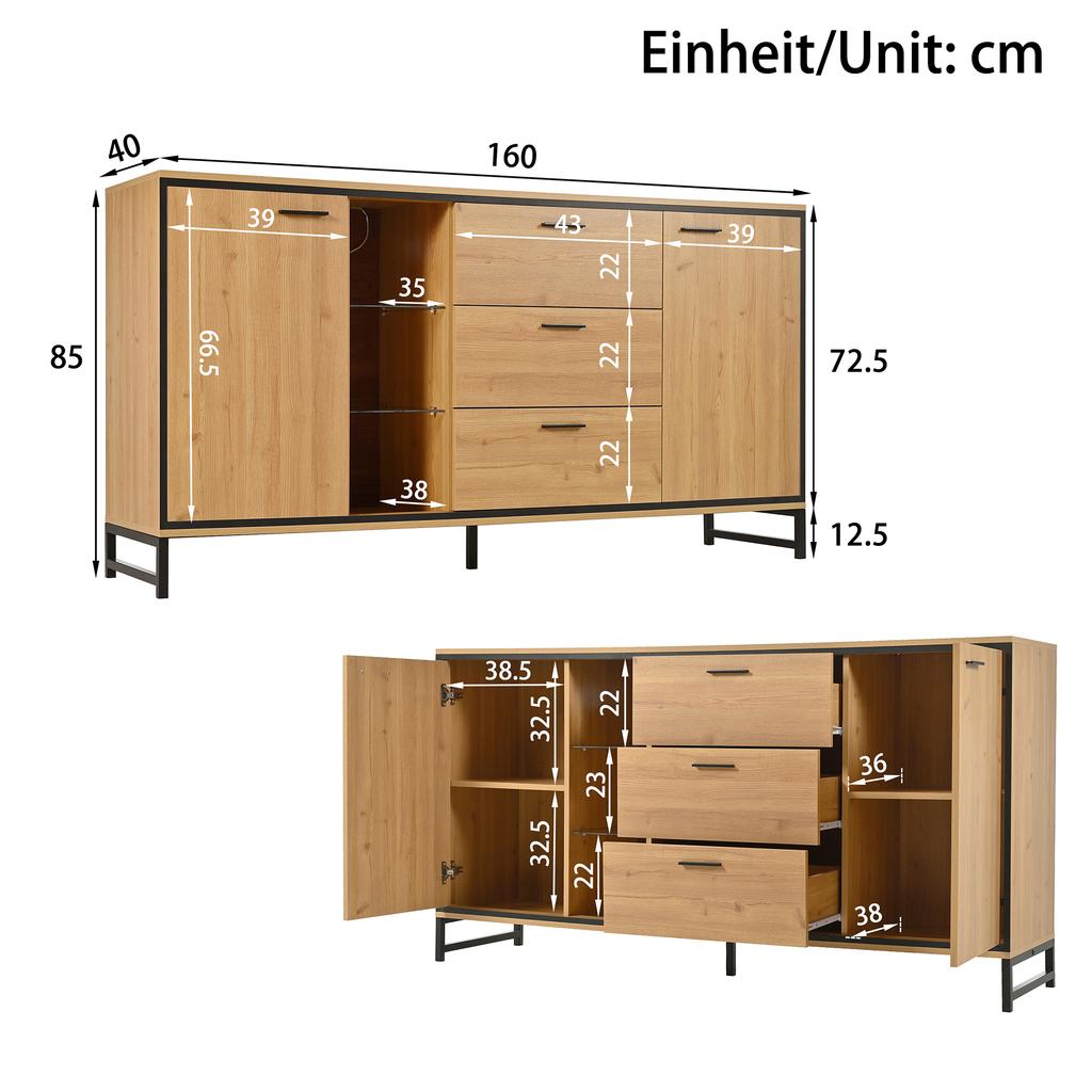Sideboard with Three Drawers, Exquisite Grain. Modern Sideboard In Wood Color with Storage Compartments. Black and Wood Color.