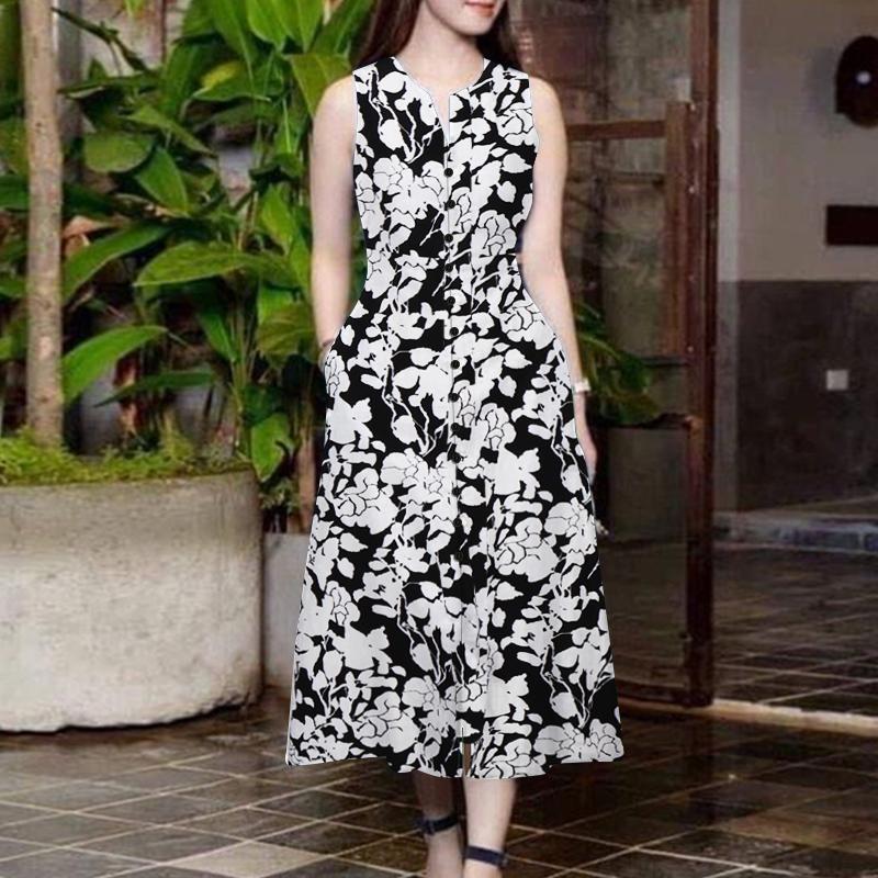 ZANZEA Women Summer V-Neck Casual Printing Sleeveless Dress
