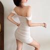 European and American summer new women's clothing fashionable and sexy pleated backless one-word shoulder semi-transparent solid color dress