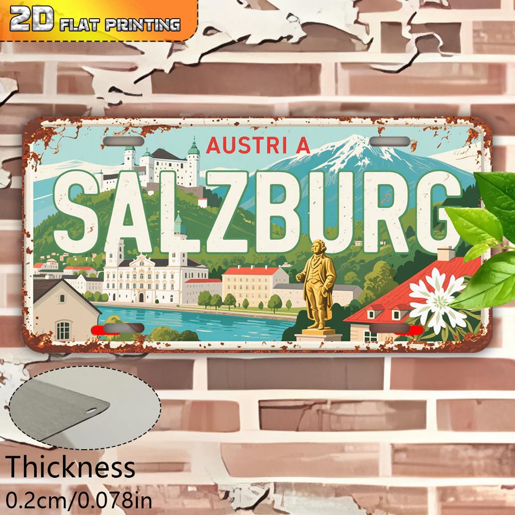 Vintage City Landscape Year Text Metal License Plate Sign Retro 2D Flat Printed Tin Plaque Wall Art Decor for Bar Home