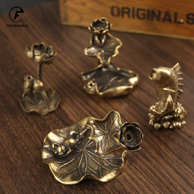 Antique Brass Lotus Leaf Backflow Incense Burner Decorations Solid Pure Copper Frog Lotus Pond Censer Holder Ornaments Tea Pets