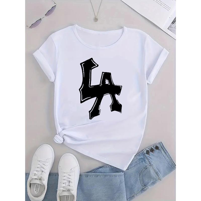 European sizes Women's Casual Sports T-Shirt, Round Neck, Short Sleeve, Fun Creative Letter Print, Comfortable Summer Top, Knitted Fabric