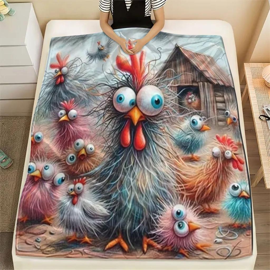 Contemporary Chicken Print Reversible Throw Blanket - Cozy Cute Farmhouse Animal Pattern Accent for Sofa Bed Office Nap Travel