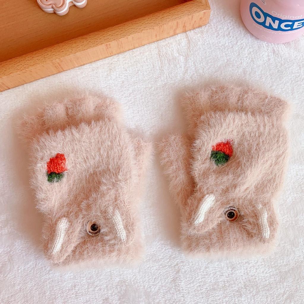 Cute Work For Girls Fingerless Plush Flip Korean Mittens Strawberry Half Finger Gloves Women Gloves