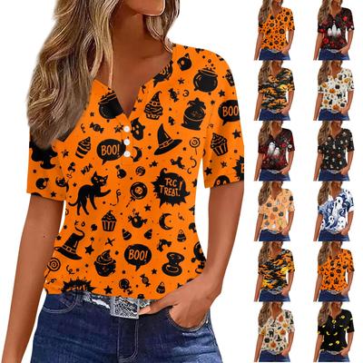 Women's Casual Halloween Print V Neck Short Sleeve Button Down T Shirt Top Lightweight Comfortable Fit