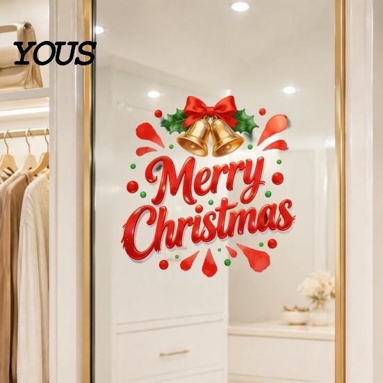 Christmas Party Decorations Merry Static Glass Sticker, Window Decals with Bell PVC Clings Elements, Removable for Home Store Holiday Festive Mirror