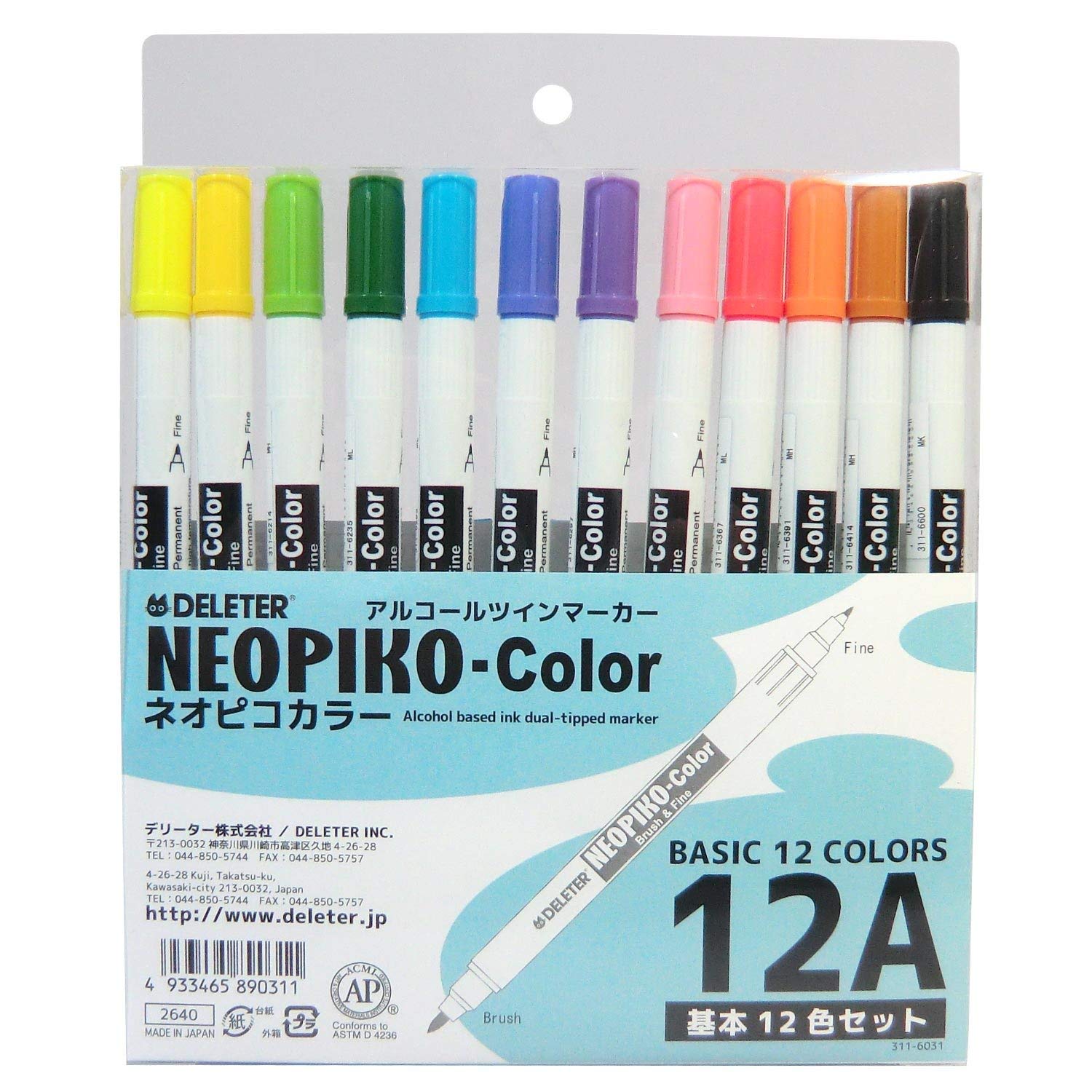 

DELETER INC. Alcohol Marker Neopico-Color [Basic] 12 Color Set (Japan Import)