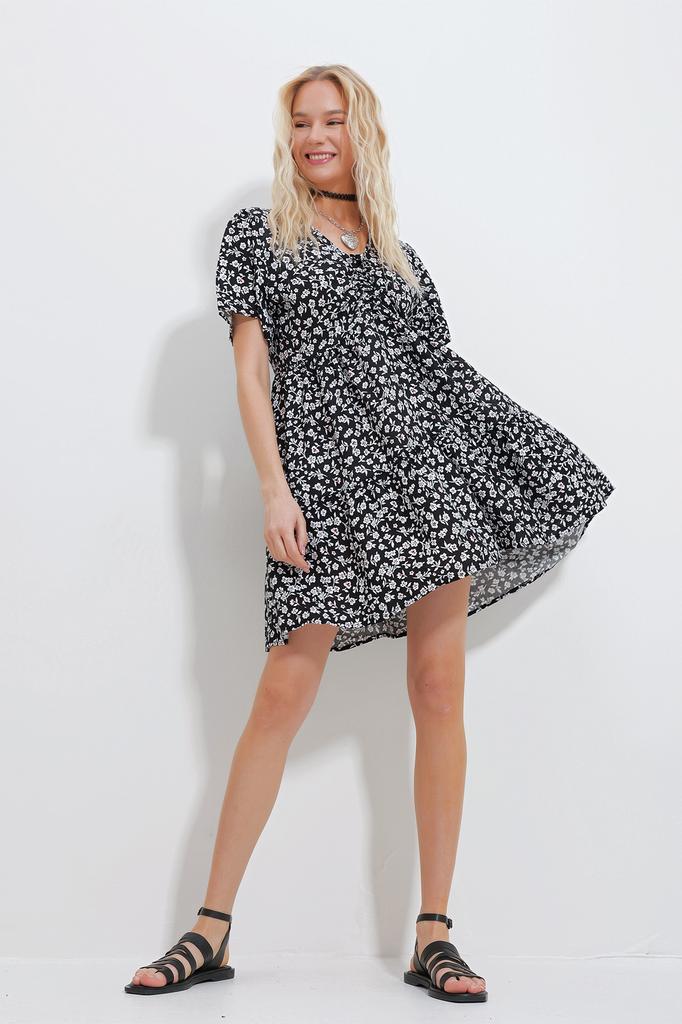 Women's Dress New Season Fashion Blue V-Neck Floral Patterned Skirt Flounce Woven Dress