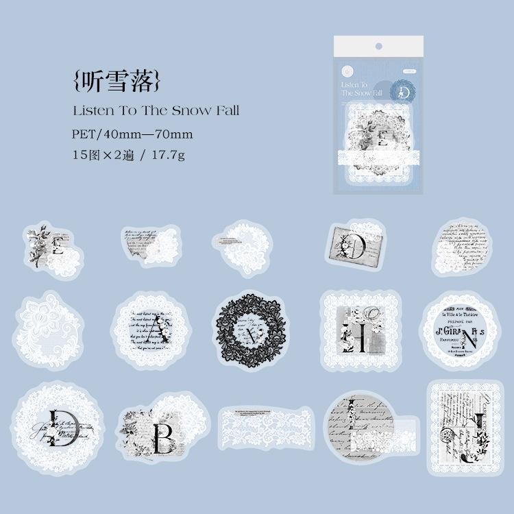 30PCS/Pack PET Lace Stickers Pack White and Black Theme Sticker for Scrapbooking Diary Decoration