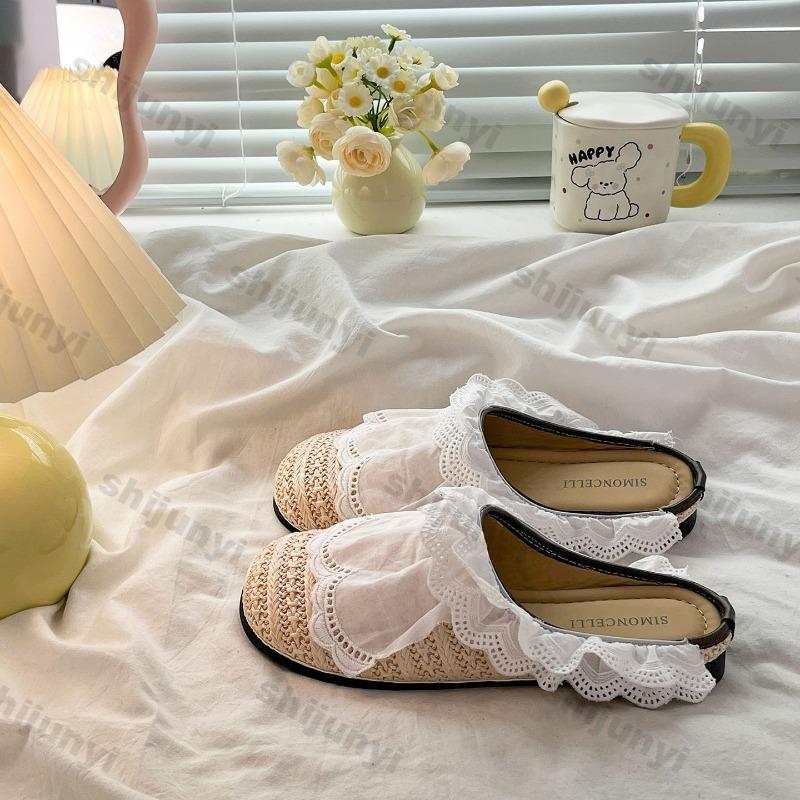 Fashion Women Casual Flats 2025 Summer New Lace Weave Breathable Straw Slippers Outdoor Fashion Bow-knot Comfortable Non Slip Half Drag