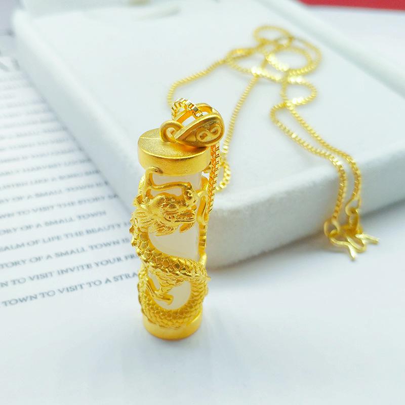 Gilded Brass Dragon Pillar Pendant with Imitation Gold Chalcedony and White Jade Necklace