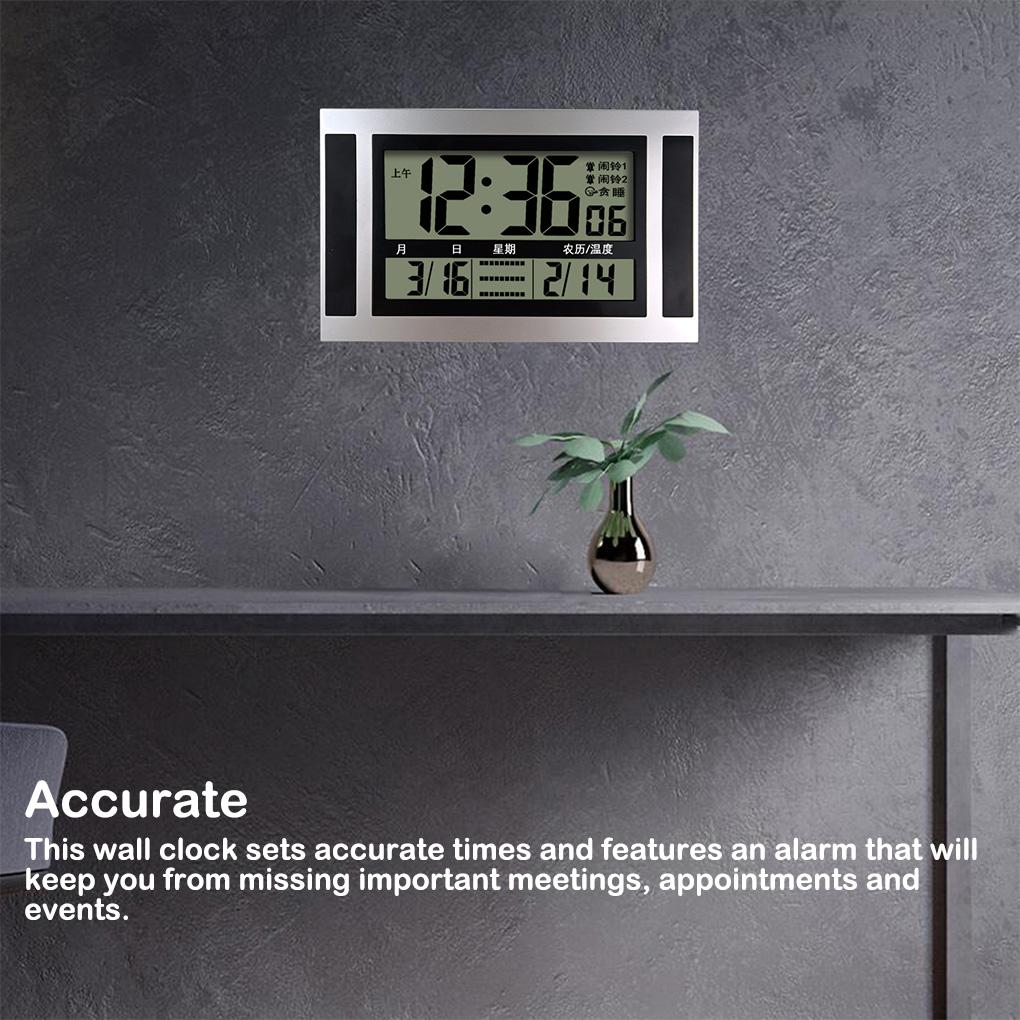 Digital Wall Clock LCD Large Alarm Desk Mute Thermometer Office Dorm