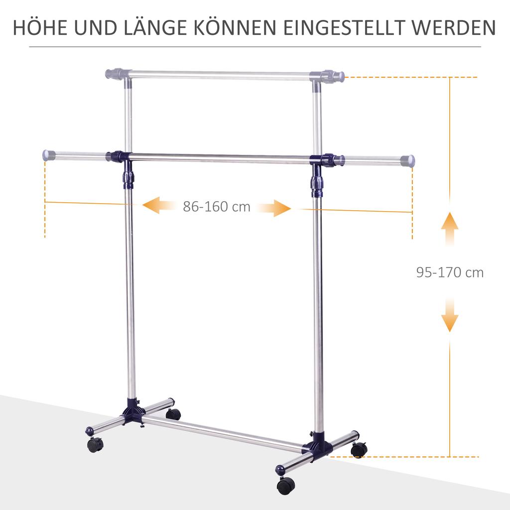 Coat Rack Clothes Rack with Casters Height-Adjustable and Extendable Clothes Rail Drying Rack Free-Standing Wardrobe for Entrance Area Stainless