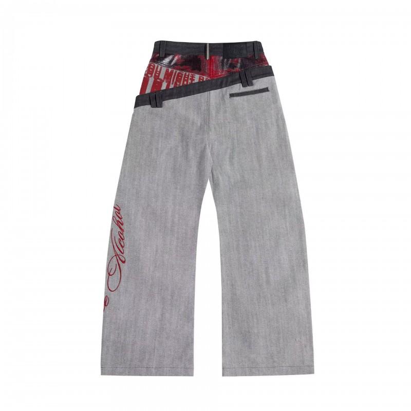 Mens Wide Leg Straight Cut Denim Pants With Double Waistband Retro Washed Style Casual Streetwear