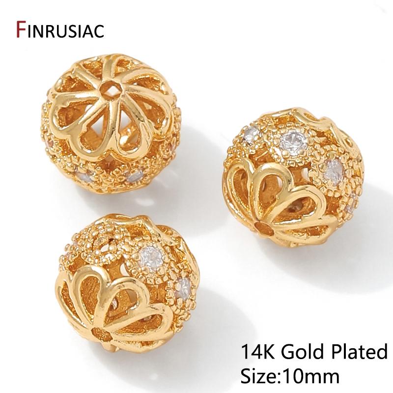 14K Gold Plated Brass Round Hollow Flower Spacer Beads,Separator For Beads,Inlaid Zircon Beads For DIY Jewelry Making Supplies