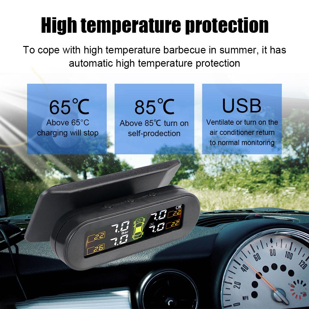 Solar Power TPMS Car Tire Pressure Monitoring System Alarm Tyre Air Pressure Meter Gauge Temperature Warning With 4 Sensors