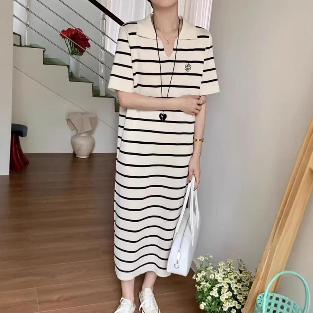 Women's Summer French Stripe Polo Dress - Short Sleeve, Embroidered, Knit, Stylish Loose Fit, Niche H-Line Design, New Arrival