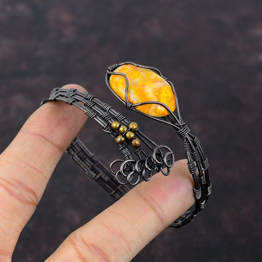 Hummel Jaspis Edelstein Armreif Kupferdraht gewickelt Manschettenarmband Handarbeit Schmuck Verstellbarer Armreif Kupferdraht Wickelschmuck Geschenk für Sie