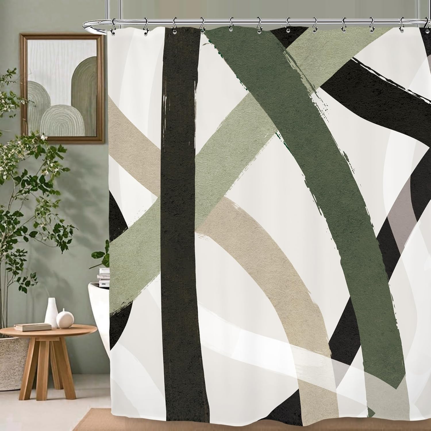 

Modern Abstract Geometric Shower Curtain Green Black White Design Bathroom Decor 72X72 Inches W60H190(CM)-1 Pcs