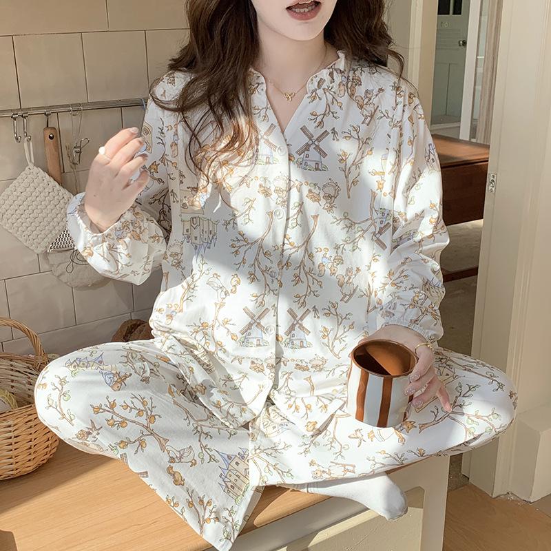 

Class A Pure Cotton Antibacterial Maternity Pajamas, Long Sleeve, Breastfeeding-Friendly, Plus Size, Spring/Autumn Wear XL (130-150 jin)