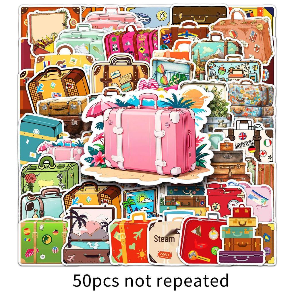 50 Retro Suitcase Stickers: Vintage Hand-painted DIY Decor for Journals & Skateboards